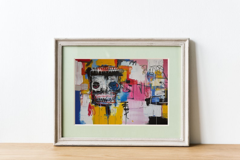 Puede incluir: Una pintura abstracta enmarcada con un estilo colorido y audaz. La pintura presenta una calavera con un ojo azul y un fondo amarillo. El marco es blanco con un paspart&uacute; verde claro.