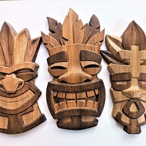 So Fun! Tiki Mask Set 3 Piece Wood Tiki Bar Decor Statue Hawaiian Tiki Decor Hawaiian Mask Wooden Totem Mask Totem Statue Wood Totem Decor