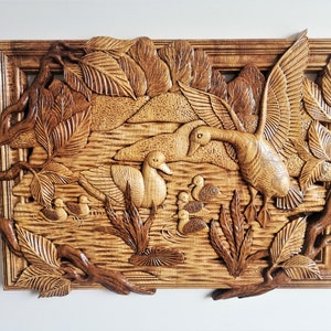 Wood Sculpture Birds Wall Art Carved Wood Wall Panel, Home Decor, Luxury Gift Unique Gifts Bird Carving Nature Carving Entryway Decor