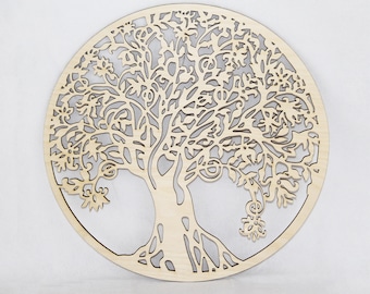 May include: A wooden wall decor featuring a circular tree of life design with intricate details and a light brown finish.