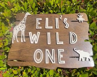 Wild One Sign Jungle Theme Party Birthday Party Backdrop Photo prop One Year Boy Girl First Anniversary Banner Customized Wood Personalized