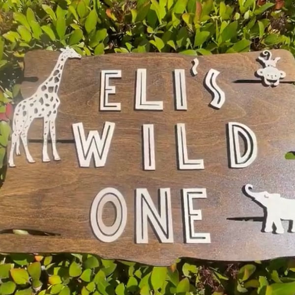 Wild One Sign Jungle Theme Party Birthday Party Backdrop Photo prop One Year Boy Girl First Anniversary Banner Customized Wood Personalized