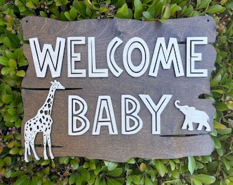 Baby Shower Welcome Baby Sign Safari Jungle Theme Party Baby Shower Personalized Sign Wooden Welcome Baby Sign Backdrop Photo Prop