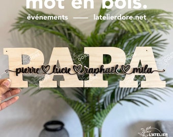 Personalized wooden word PAPA, engraved in wood, personalized gift, engraving, wood cutting, family, home decoration, Father's Day