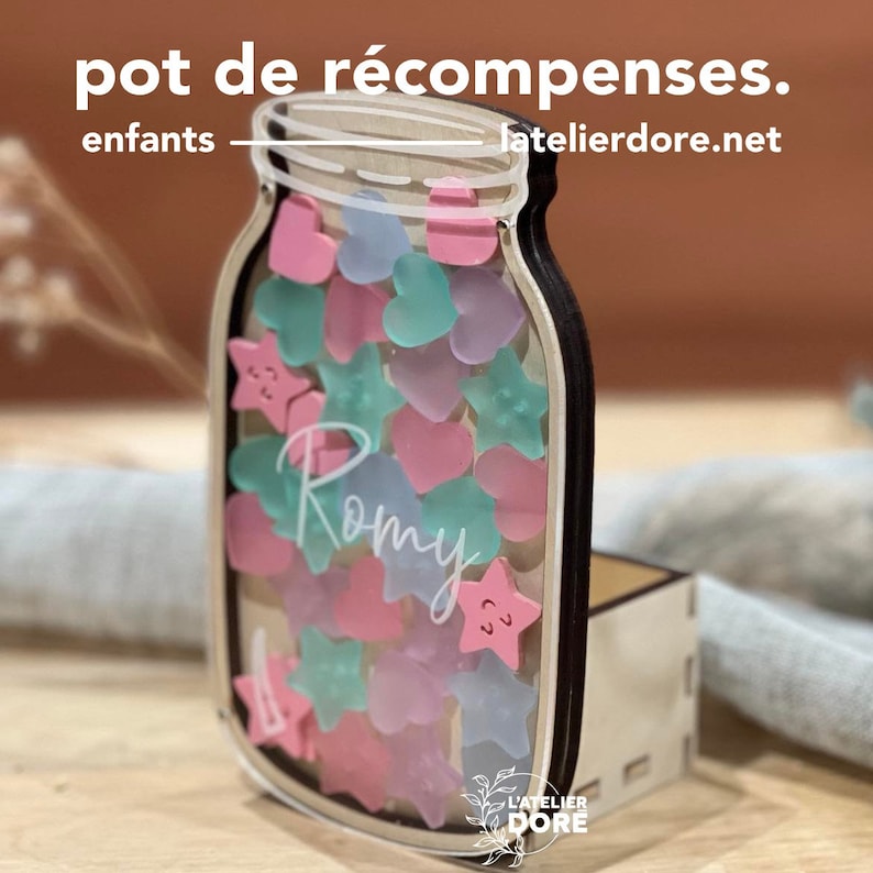 Pot de récompense pour enfants, pot de récompense de salle de classe, récompense encouragement, pot d'étoiles et cœurs, Cadeau personnalisé Bild 3