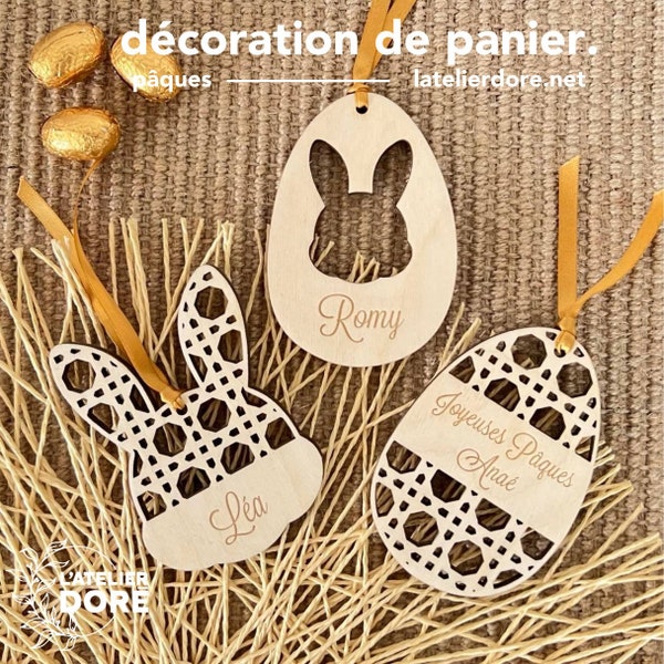 Décoration panier en bois, pâques, lapins, personnalisés, cadeaux enfants