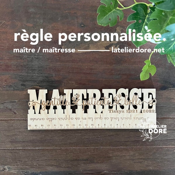 Règle 20 cm MAITRESSE/MAITRE, gravé en bois, cadeau personnalisé, gravure, découpe bois, fin d'année, décoration, élèvemaison