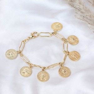 Handcrafted Coin Charm Bracelet,Gold Filled Charm Bracelet, Medallion Bracelet, Chunky Link Bracelet.