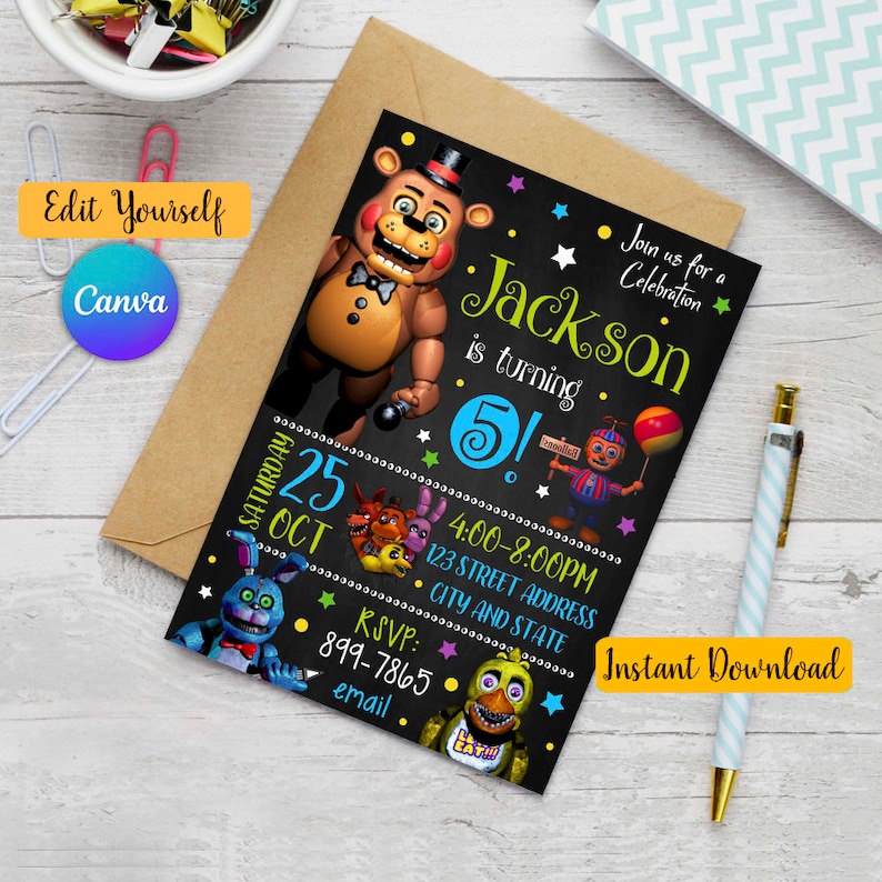 Five Nights at Freddys Birthday Invitation, Five Nights at Freddys