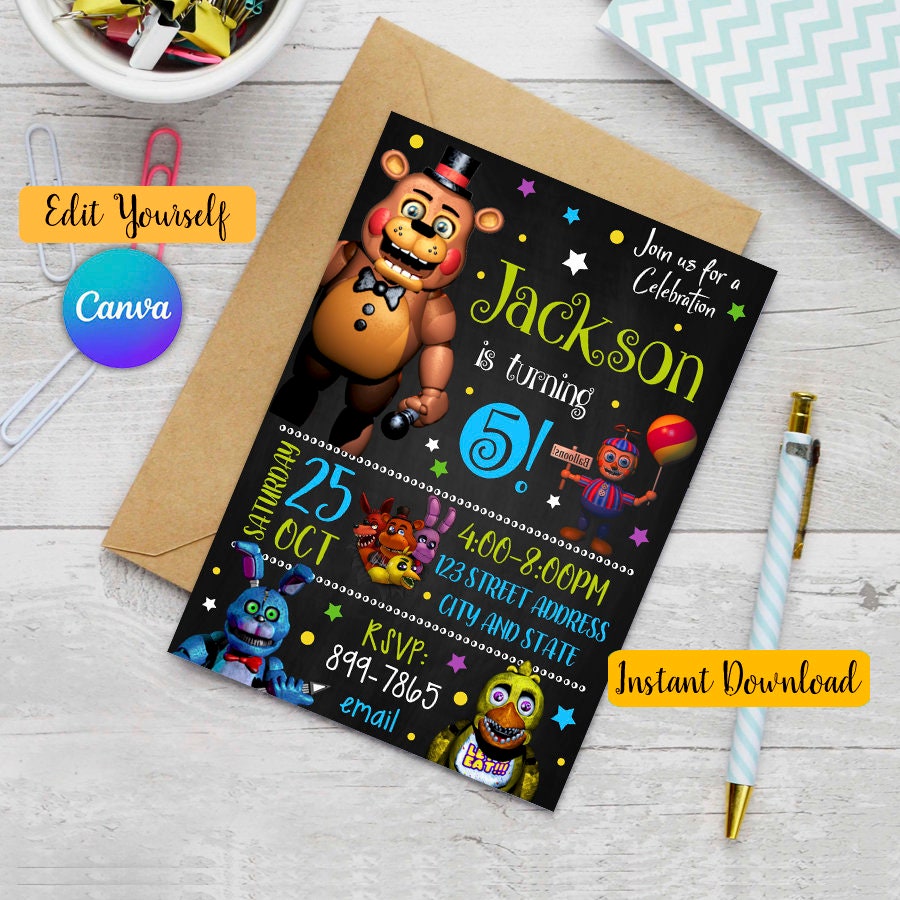 Valentina Buck 20 Set Fnaf Birthday Invitation Cards Bear Game Friends Invite Party Supplies Gift Card