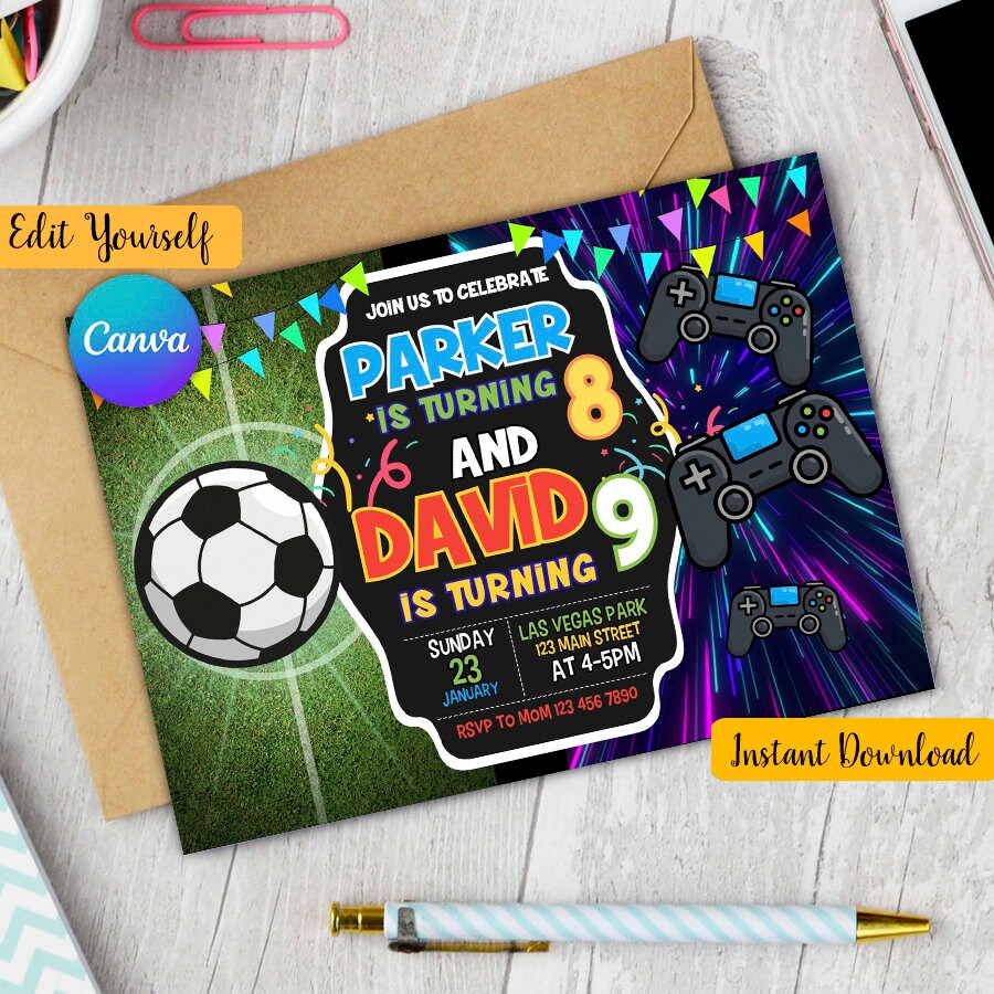 Gamer and Soccer Double Birthday Invitation, Sibling Birthday Invitation, Twins Gamer Birthday invitation, Joint Birthday Invitation