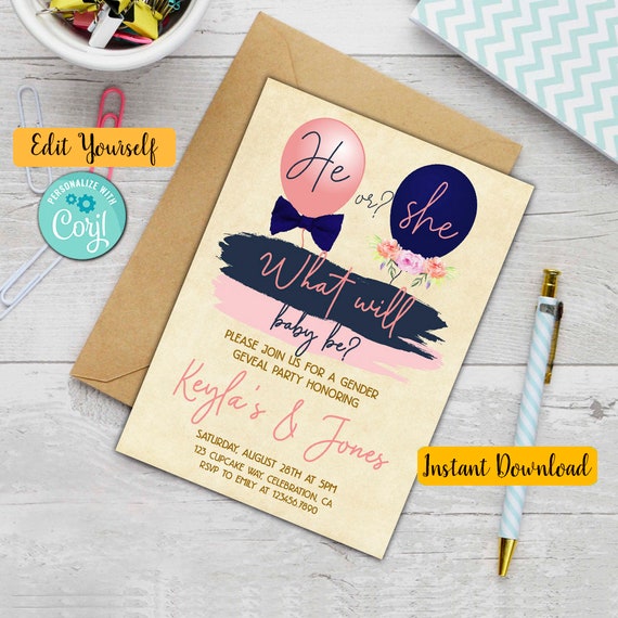 Gender Reveal Invitation Vintage Gender Reveal Invitation He Etsy
