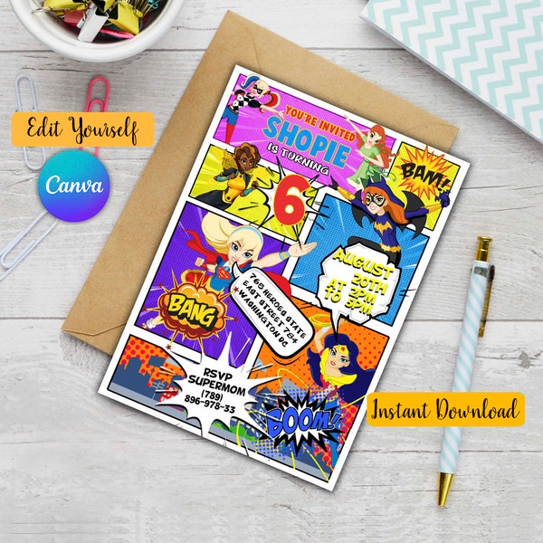 DC Superhero Girls Invitation, Superhero Girls Birthday, Superhero Girls Party, Superhero Girls Invitation, Superhero Invite,Superhero Party