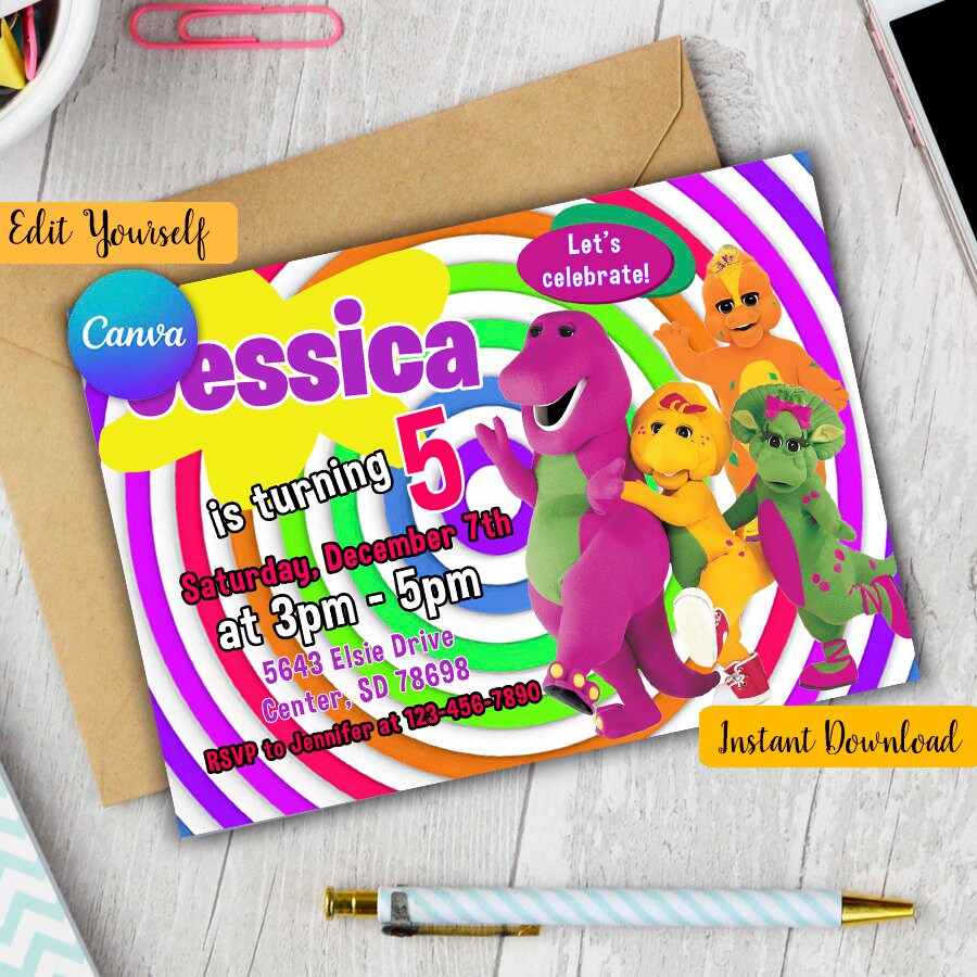 Barney Birthday Invitation Barney Invitation Barney Party Etsy