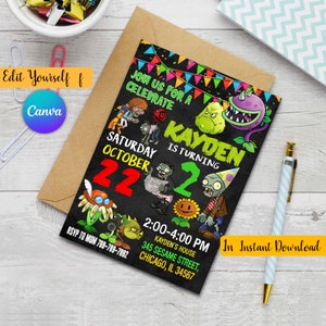 Invitación de Plantas Vs Zombies, Cumpleaños de Plantas Vs Zombies, Fiesta de Plantas Vs Zombies, Invitación de Cumpleaños de Plantas Vs Zombies, Invitación Editable
