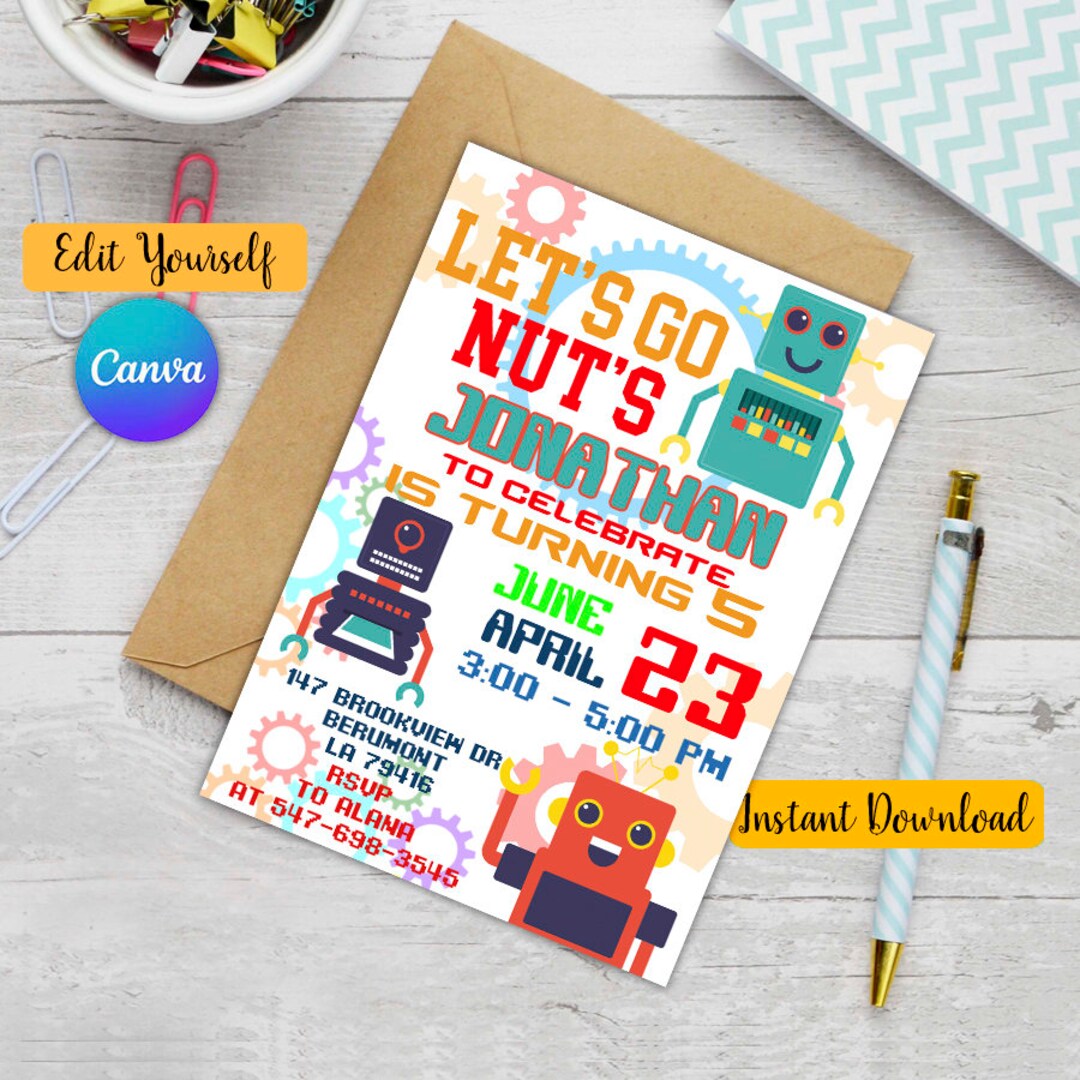Robot Birthday Invitation, Robot Party, Beep Boop Invitation, Retro