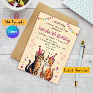 Invito modificabile a forma di gatto, invito di compleanno a forma di gatto carino, festa di compleanno a forma di gatto, Let's Pawty, invito di compleanno a forma di gatto, modello Canva modificabile