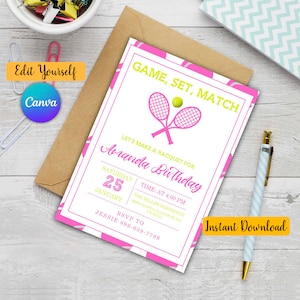 Faire-part d'anniversaire de tennis, faire-part d'anniversaire de tennis, fête de sports d'été, invitation de tennis, fête de tennis, modifiable sur Canva