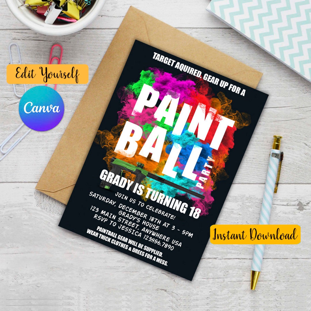 Paintball Invitation, Paintball Birthday Invitation, Paintball Invite, Paintball Party Invite