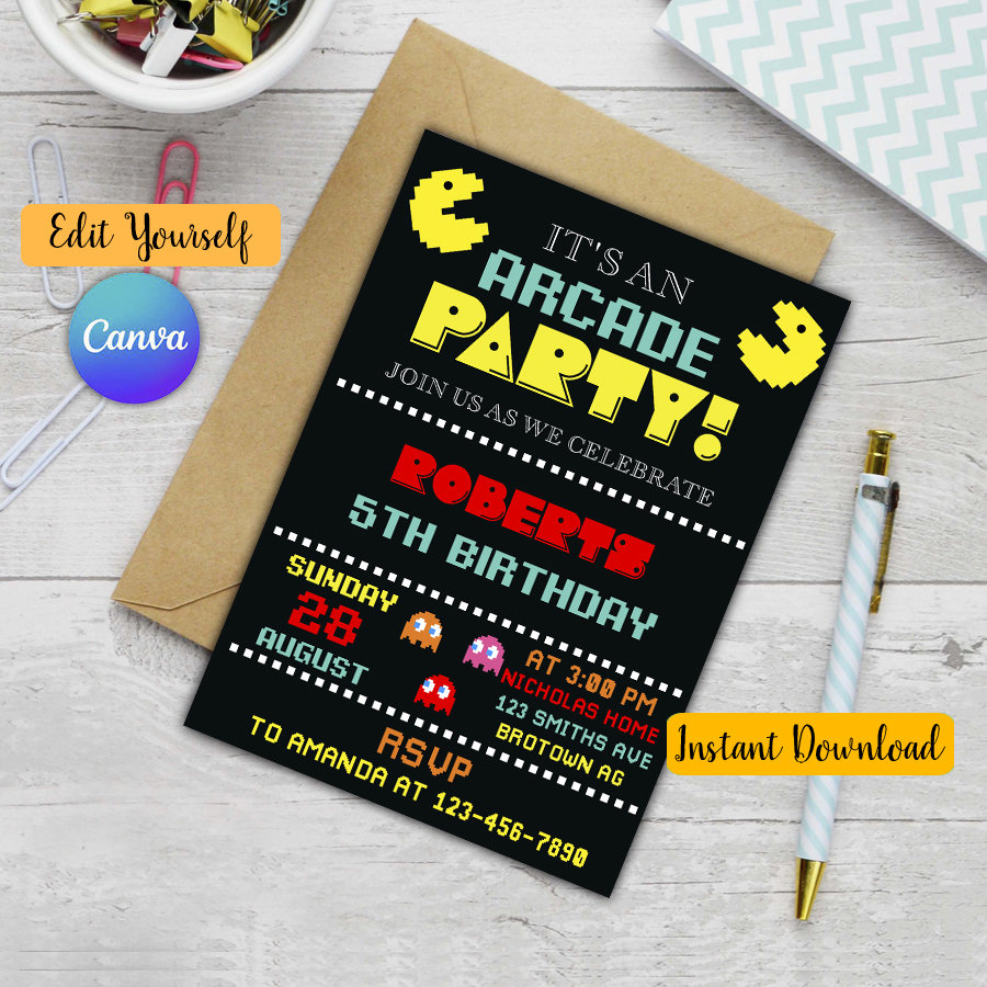 Pacman Birthday Invitation, Pac Man Birthday Invitation, Pac Man Birthday Party, Pac Man Party ...