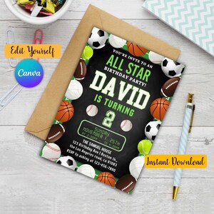 All-Star Party Invitation, Sports Theme Birthday Invite Cards With