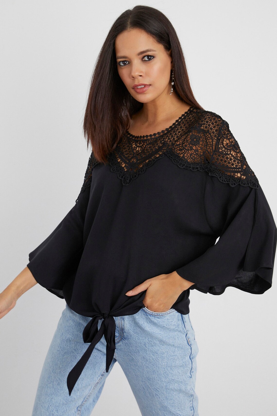 Lace Detailed Crew Neck TieFront Black Blouse Modern Etsy