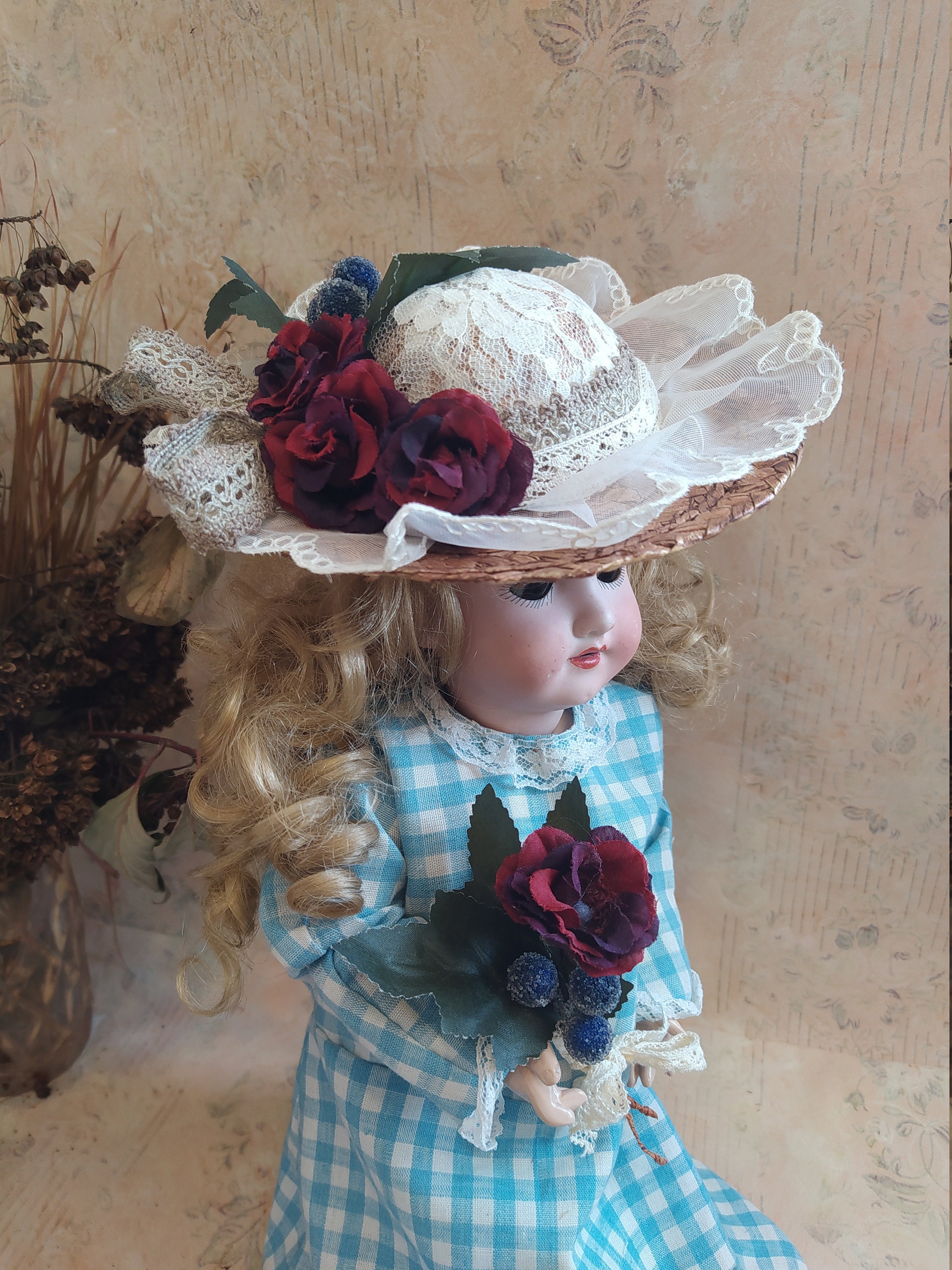 Straw hat for an antique doll with vintage lace and textile Etsy