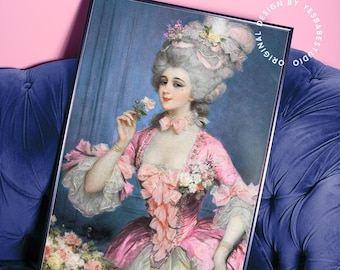 Pink veränderte Kunstdrucke, Maximalist Art Prints, Kokett Dekor, Barwagen Dekor, Rokoko Wandkunst, Hellblaue Prints, Girly Raumdekor
