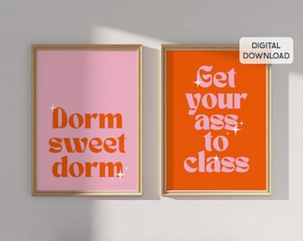 DIGITAL Dorm room prints, pink and orange dorm decor, preppy room decor, dorm wall art, gift for college girls, maximalist wall art, cute
