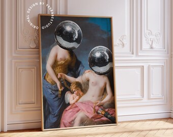 Disco ball decor, Bar cart prints, Maximalist wall art, Altered art print, Quirky wall art, Altered painting, Disco print, Baroque art print