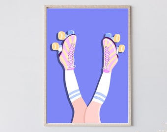 Póster de patines / Patines en colores pastel, patines en línea, póster de los años 80, ecléctico, maximalista, póster de roller derby, póster de patinaje, arte lindo