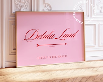 Delulu Land, Light pink wall art, Dopamine decor, Pink and red prints, Horizontal wall art large, Coquette room decor, college apartment