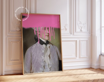 Puede incluir: Un retrato enmarcado de un hombre con una salpicadura de pintura rosa goteando sobre su cabeza. El retrato está colocado contra una pared blanca con molduras ornamentadas.