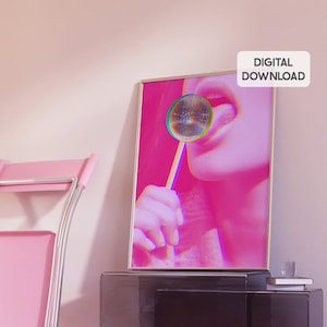 CYFROWY nadruk Disco Lollipop, Wystrój pokoju Disco, Wydruki pokoju Preppy w kolorze różowym, Modna sztuka ścienna, Urocze wydruki w akademiku, Maksymalistyczna sztuka ścienna, Kula dyskotekowa