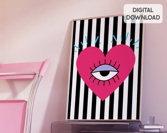 Heart eye print, preppy colorful wall art maximalist posters, digital printable art, trendy wall prints, dorm room decor, evil eye print