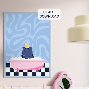 Cat in bathtub print, funny cat wall art, colorful bathroom prints, funky bathroom art cute colorful preppy pastel