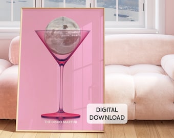 DIGITALE Disco Bar Dartbar Kunst, Disco Wohndekor, Disco Ball Kunst, Girly Wandkunst, Pink Bar Print, Maximalist, Martini Wall Art Cocktail