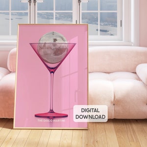 DIGITAL Disco bar cart art, disco home decor, disco ball art, girly wall art, pink bar cart print, maximalist, martini wall art cocktail