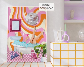 Disco Badezimmer Dekor, rosa und orange Badezimmer Dekor, niedliche Wand Kunst groovy Badezimmer Bilder, lustige Badezimmer Kunst zum Ausdrucken