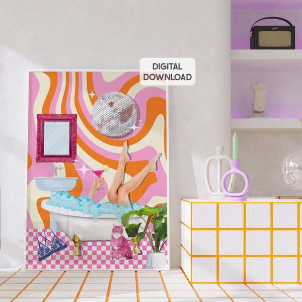 Disco bathroom print, pink and orange preppy bathroom decor cute wall art groovy bathroom prints, printable bathroom art colorful funky