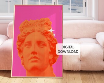 Pink and orange maximalist wall art altered prints, funky home decor, colorful posters preppy wall art, eclectic quirky prints, hot pink art