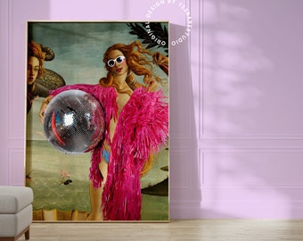 Altered Art Botticelli Disco Print, Maximalist Home Décor, Eclectic Funky Wall Art, Disco Ball Poster, Quirky Colorful Disco Venus Art