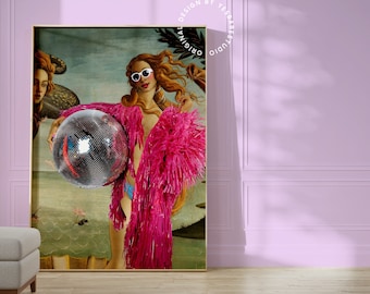 Altered Art Botticelli Disco Print, Maximalist Home Décor, Eclectic Funky Wall Art, Disco Ball Poster, Quirky Colorful Disco Venus Art