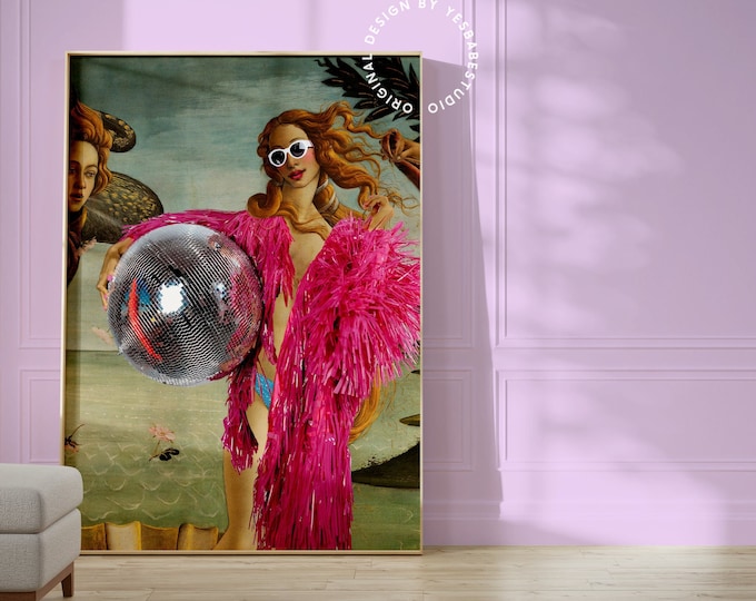 Altered Art Botticelli Disco Print, Maximalist Home Décor, Eclectic Funky Wall Art, Disco Ball Poster, Quirky Colorful Disco Venus Art