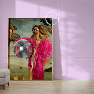 Altered Art Botticelli Disco Print, Maximalist Home Décor, Eclectic Funky Wall Art, Disco Ball Poster, Quirky Colorful Disco Venus Art