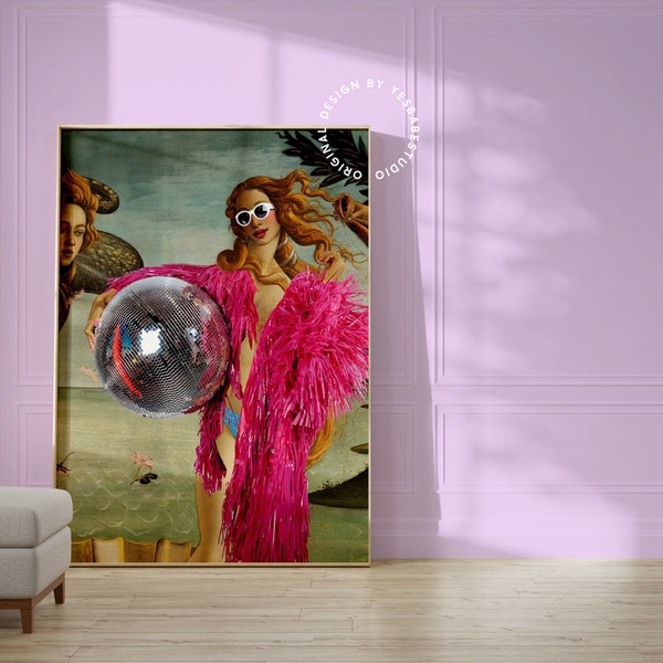 Altered Art Botticelli Disco Print, Maximalist Home Décor, Eclectic Funky Wall Art, Disco Ball Poster, Quirky Colorful Disco Venus Art