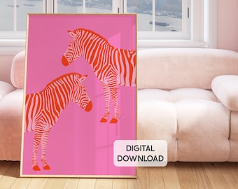 DIGITAL pink and orange zebra print, preppy room decor colorful wall art prints, girly wall art, large printable poster trendy eclectic cute
