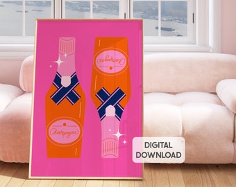 Pink and orange bar cart print, preppy room decor cute bar prints, champagne wall art, trendy wall decor girly wall prints, champagne poster