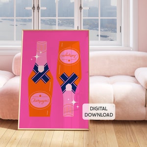 Pink and orange bar cart print, preppy room decor cute bar prints, champagne wall art, trendy wall decor girly wall prints, champagne poster