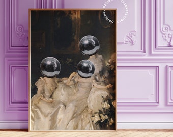 Disco ball art, Bar cart prints, Maximalist wall art, Altered art print, Disco poster, Baroque art print, Funky home decor, Funky wall art